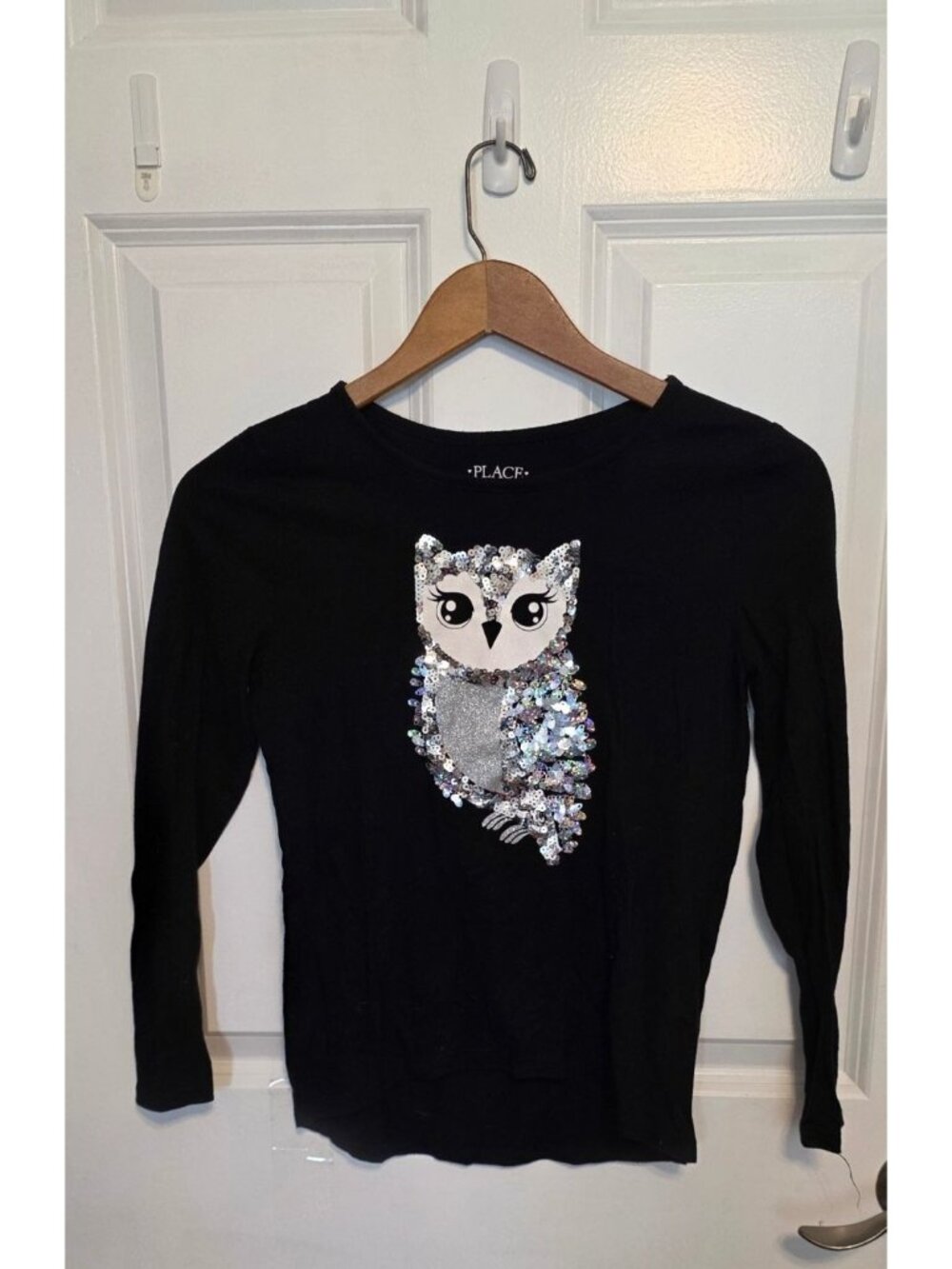 Children's Place Youth Large Black Sparkly Owl Applique Graphic T-Shirt Cute - Picture 1 of 3